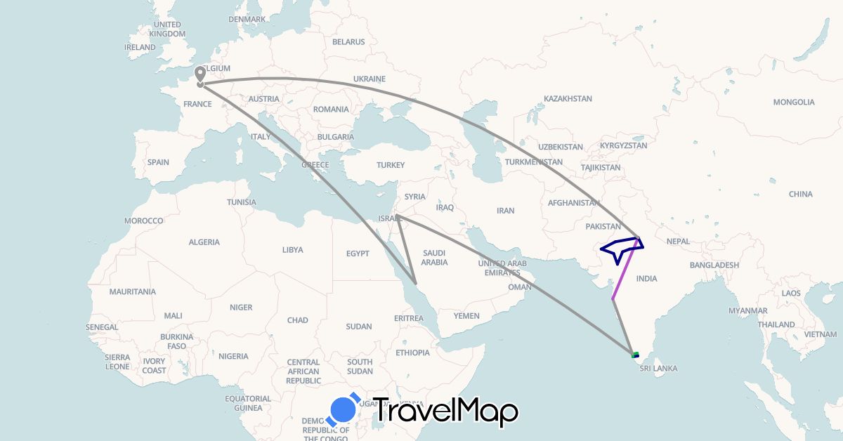 TravelMap itinerary: driving, bus, plane, train in France, India, Jordan, Saudi Arabia (Asia, Europe)